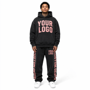 Men's <b>Black</b> Hooded Tracksuit Set Custom Logo Print Full Sleeve Streetwear Sweatshirt and <b>Pants</b> Loose Fit 100% Cotton Autumn Wear - Product Image 1