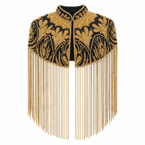 Cape noire de luxe respirante, brodée or vintage, avec appliques florales et longues franges, idéale pour les soirées et les événements. - Product Image 1