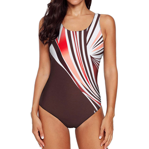 Maillot de bain une pièce pour femmes, imprimé géométrique, col rond, découpé, taille haute, extensible - Product Image 1