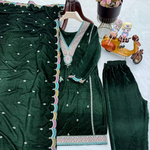 Ensemble tendance pour filles : haut, bas et dupatta en velours brodé de sequins, style indien et pakistanais, idéal pour les occasions de fête, infroissable - Product Image 5