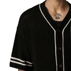 Men Crochet Knitted Baseball <b>Shirt</b> Short Sleeve Button Down Stripe Trim Casual Knit Top OEM Wholesale Supply - Product Image 4