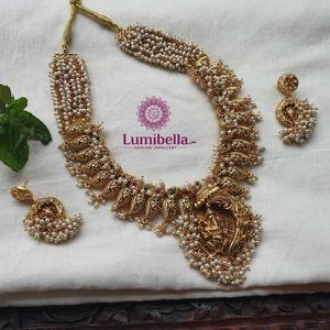 South India Jewels Gold Plated Long Haram Bridal Jewelry Set with Earrings - Product Image 4