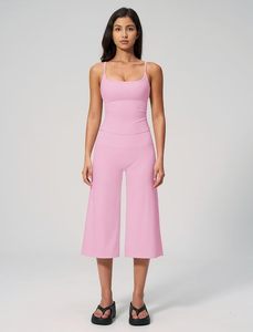 Pink Seamless Spaghetti Strap Square Neck High Waist Culotte <b>Jumpsuit</b> Sleeveless Solid Color Yoga Set - Product Image 6