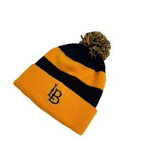 Striped <b>Beanie</b> Hat With Pom Pom Embroidered Logo Black Yellow Unisex Winter Casual Knit Warm Adult Size 56-58CM - Product Image 1