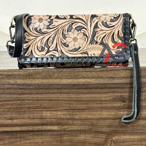 Nouvelle Tendance Mode : Mini Sac à Main Pochette en Cuir Véritable de Vache, Motif Floral Gravé à la Main, Portefeuille Trifold Bandoulière avec Dragonne pour Femme - Product Image 1