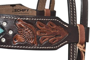 Ensemble de serre-tête et de collier de poitrine en cuir véritable Western perlé à un prix abordable - Product Image 3