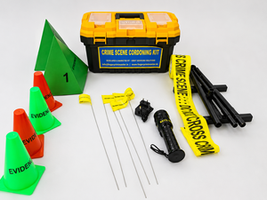 Kit de délimitation de scène de crime avec cônes de signalisation, ruban adhésif, piquets, lampe torche et trépied, garantie 1 an - Product Image 1