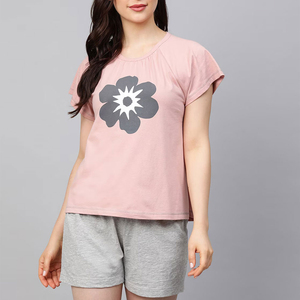 Conjuntos de verano para mujer, conjunto de dos piezas con pantalones cortos, oversize, 100% algodón, top corto de manga corta con cuello redondo y pantalones cortos, conjunto de 2 piezas para mujer - Product Image 1