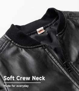 Chaqueta Bomber de Cuero PU Negra con Cierre de Cremallera, Cuello Alto, Resistente al Viento, Corte Regular, Color Sólido, para Otoño - Product Image 3