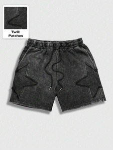 Shorts en molleton 100% coton de haute qualité, style streetwear, avec cordon de serrage, effet délavé, patchwork brodé et déchiré. - Product Image 5