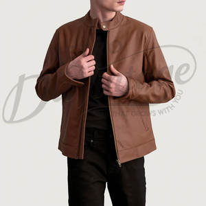 Chaqueta de Cuero Marrón para Hombre, Piel de Oveja Auténtica, Corte Ajustado, Estilo Casual para Otoño e Invierno, Chaqueta de Motociclista con Cuello de Solapa y Cierre de Broches - Product Image 1