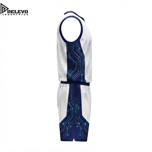 Ensemble de maillots de basket-ball personnalisés OEM sublimés, uniforme sportif technique blanc avec panneaux latéraux bleus style cyberpunk - Product Image 3