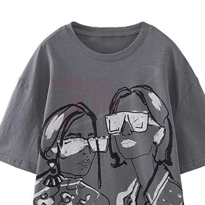 Camiseta gris estampada para mujer, informal, de manga corta, cuello redondo, corte holgado, 100% algodón, tejido jersey, top gráfico de moda - Product Image 3