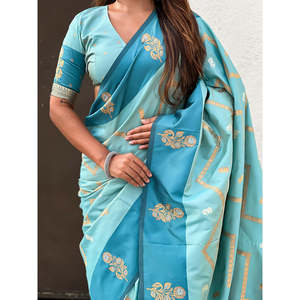 Sari en soie douce bleu ciel Elite Weaves, tissé en zigzag avec des motifs Zari, pour une tenue de soirée, 650g - Product Image 5