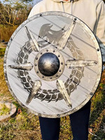 Bouclier rond médiéval Viking de 24 pouces en acier et bois, fait main, avec motif de dragon, pour reconstitution historique et décoration intérieure