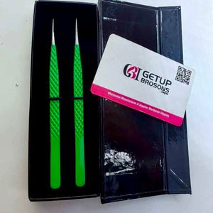 GETUP BROSONS IMPEX Slim Long Green Stainless Steel Eyelash Tweezers Precision Tool <b>Box</b> Packaging - Product Image 3