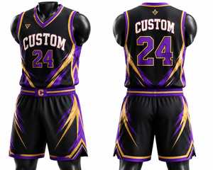 Custom Men's Basketball Jersey Set Black Purple Gold V-Neck Sleeveless Mesh Breathable <b>Athletic</b> Wear Sublimated Print - Product Image 1
