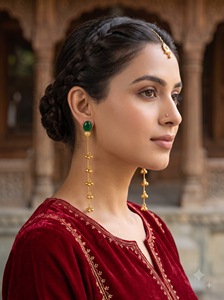 Boucles d'oreilles pendantes cachemiriennes en laiton plaqué or, oxydé, avec pierre verte, longue chaîne perlée et pompon, pour femmes, vente en gros, bijoux indiens - Product Image 6