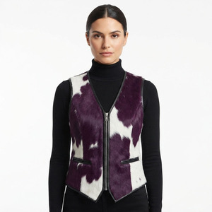 Chaleco de Cuero Genuino con Pelo de Vaca para Mujer, Chaleco con Cierre y Pelo de Vaca, Chaleco Femenino con Cuello en V - Product Image 1