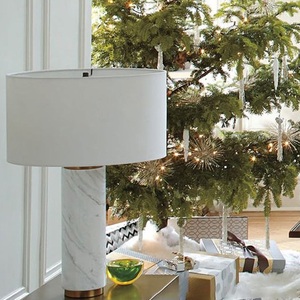 Contemporary Marble <b>Console</b> <b>Table</b> Lamp With Elegant Brass Detailing Soft Fabric Shade And Upscale Modern Beauty - Product Image 5