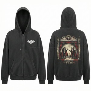 Custom Oversized Pullover Hoodie Men Dark Red Acid Wash Vampire Portrait Graphic Heavyweight Cotton Fleece Hoody Manufacturer - Product Image 3