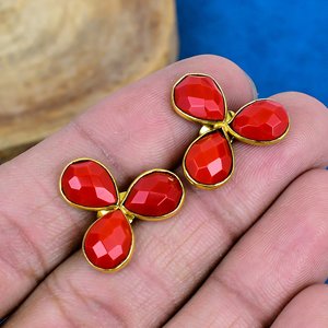 Handmade Red Coral Pear Shape Gemstone Stud Earrings 18k Gold Micron Over 925 <b>Sterling</b> <b>Silver</b> - Product Image 1