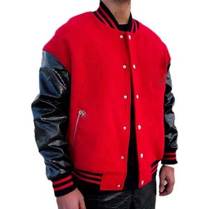 <b>Red</b> <b>Wool</b> Body Black Genuine Leather Sleeve Varsity Jacket Men's Breathable Collage Coats Winter Baseball Varsity Jacket Men's - Product Image 3