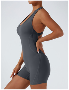 Combinaison de yoga sans couture pour femme, dos nageur, taille haute, short, 1 pièce, couleur unie, Spandex Polyester, respirante, sans manches - Product Image 3