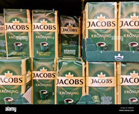 Café moulu Jacobs Kronung 250g, torréfaction allemande premium, saveur riche, pour expresso et filtre.