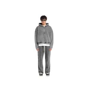 Conjunto de Sudadera con Capucha y Pantalones de Chándal para Hombre, Gris Lavado, con Cremallera, de Forro Polar Oversize, a Juego, Venta al por Mayor - Product Image 3