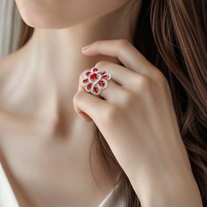 Flower Shape Ruby Cocktail <b>Ring</b> Women's 18K Solid Gold Luxury <b>Fine</b> Jewelry - Product Image 2
