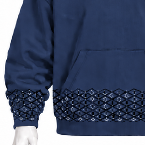 <b>Navy</b> Blue Embroidered Border Hoodie Oversized Pullover Sweatshirt Geometric Hem Cuffs Kangaroo Pocket Casual Streetwear <b>Top</b> - Product Image 6
