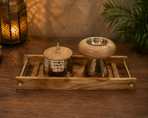 Ensemble de brûleur à bakhoor de luxe en laiton et bois de manguier avec plateau, pot de rangement pour oud martelé et dôme ajouré Mabkhara pour la décoration intérieure arabe - Product Image 2