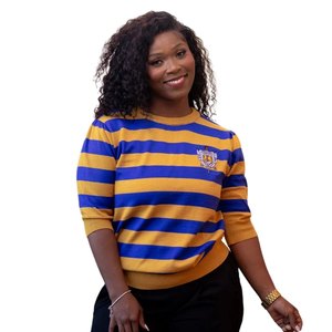 Pull rayé bleu et or Sigma Gamma Rho pour femme, col rond en tricot, style décontracté et confortable de la sororité grecque - Product Image 2