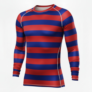 Men Red Blue Striped Long Sleeve Rash Guard Quick Dry Polyester Compression Top Full Sleeve Adult <b>Swimwear</b> Shirt - Product Image 4