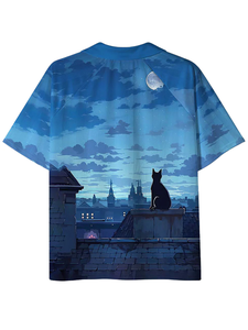 Unisex Full Print Night Sky Cat Rooftop Short Sleeve Polo Shirt Breathable <b>Polyester</b> Regular Fit All Seasons - Product Image 2