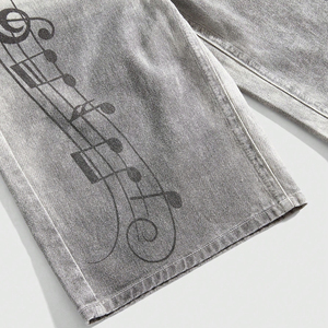 Shorts Vaqueros Grises Retro con Estampado de Notas Musicales, Corte Medio, Lavado Vintage, Casuales, de Moda, para Mujer, Estilo Urbano, Verano - Product Image 3