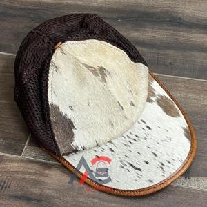 Precio de fábrica 2026 Gorra trucker de cuero genuino con pelo de vaca, estilo western, ajustable, malla, marrón, rústica, vaquera, a la moda - Product Image 1