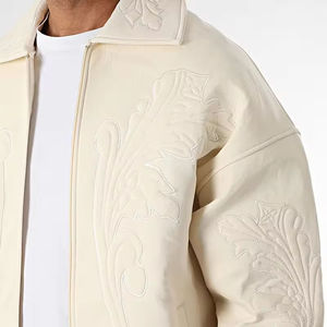 <b>Men's</b> <b>Cream</b> PU Bomber Jacket Embossed Floral Design Turn-down Collar Zipper Closure Casual Autumn Wear - Product Image 5