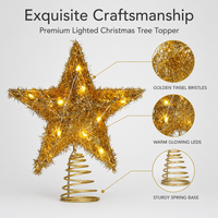 Décor de sommet d'arbre de Noël en fer en forme d'étoile pentagonale avec guirlande dorée, lumières LED chaudes et base à ressort robuste 12x15cm pour la décoration des fêtes
