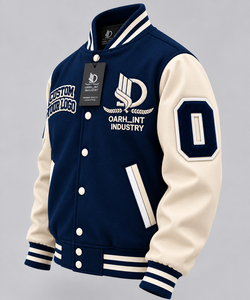 OARH_INT INDUSTRY <b>Men's</b> Navy <b>Cream</b> Varsity <b>Jacket</b> Embroidered Logo Preppy Style Autumn Wear Regular Fit Stand Collar - Product Image 5