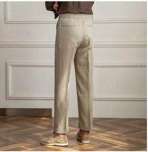 Nouveau pantalon long d'été pour homme 100 % lin, coupe droite légère, polyvalent, avec cordon de serrage, respirant et taille élastique - Product Image 1