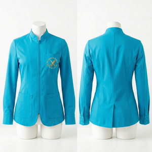 Chaqueta de Barbería para Mujer, 220 GSM, Sarga de Polialgodón, Diseño con Paneles en Contraste Crema, Logotipo Personalizado Bordado, Uniforme de Salón - Product Image 4