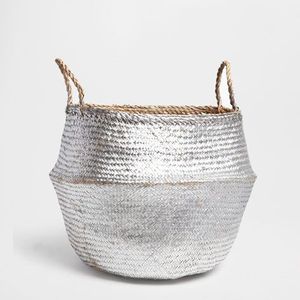 Luxury Silver Metallic Seagrass Belly Basket Handmade Woven Rattan Storage <b>Bin</b> with Handles Decorative Boho Planter Basket - Product Image 1