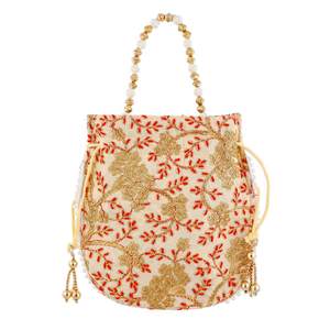 Handmade Embroidery Crafts Potli <b>Bag</b> With Floral Pattern Gold <b>Red</b> Beaded Handle Cotton Craft Wedding Decoration <b>Gift</b> - Product Image 1