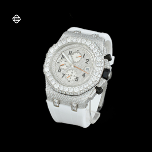Montre Chronographe de Luxe pour Homme avec Diamants Moissanite Sertis, Bracelet en Caoutchouc Blanc, Cadran en Verre, Mouvement Quartz, Tendance, 20mm - Product Image 1