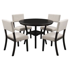 Espresso 5-Piece <b>Kitchen</b> Dining Table Set Round Table with Bottom <b>Shelf</b> & 4 Upholstered Chairs for Dining Room - Product Image 5