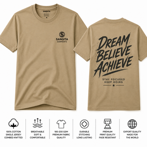Camiseta de Algodón Caqui para Hombre SANGITA, Manga Corta, Cuello Redondo, Corte Regular, Estampado Frontal con la Frase 'Dream Believe Achieve', Ecológica - Product Image 1