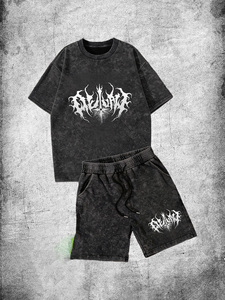 Ensemble T-shirt et short pour homme, style gothique, délavé à l'acide, col rond, 100% coton, imprimé, tenue décontractée d'été - Product Image 1