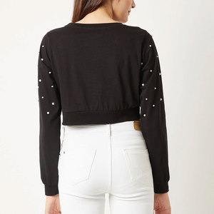 Women's Black <b>Cropped</b> Long Sleeve T-Shirt With Rhinestone Decoration O-Neck Knitted Casual <b>Top</b> - Product Image 3